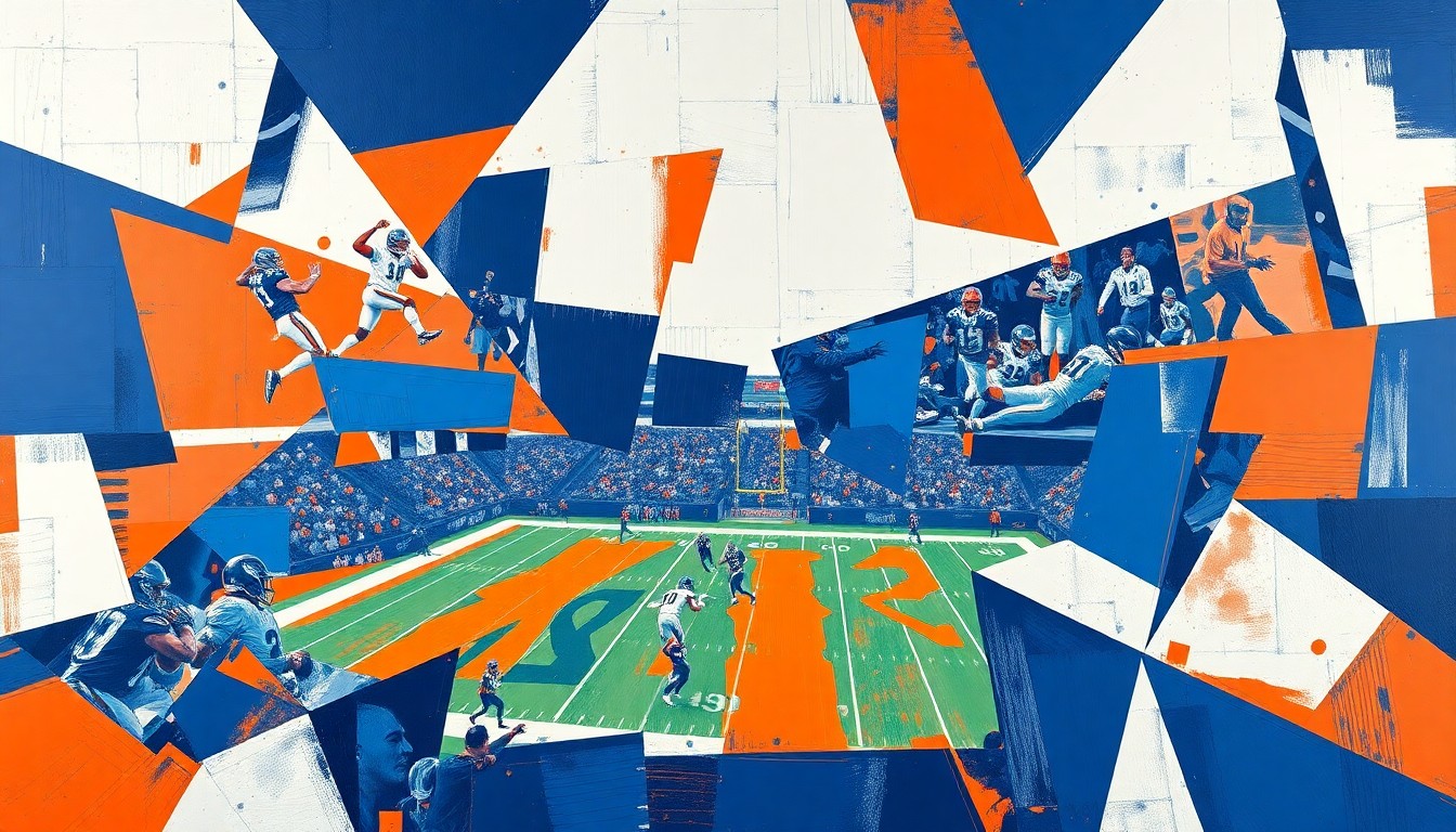 A cubist, geometric painting depicting fragmented football players and draft prospects, conveying the complex strategic considerations facing the Bengals