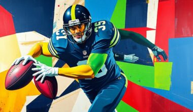 A fragmented, geometric painting depicting a football player in the midst of a pass rush, with sharp planes of navy blue, lime green, and crimson red colliding to create a dynamic, multi-angled composition.