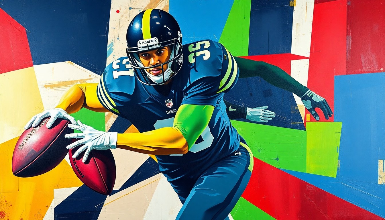 A fragmented, geometric painting depicting a football player in the midst of a pass rush, with sharp planes of navy blue, lime green, and crimson red colliding to create a dynamic, multi-angled composition.