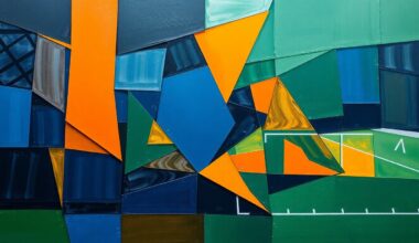 A cubist, geometric painting depicting a fragmented football game, with sharp, overlapping shapes in navy blue, burnt orange, and forest green, conveying the strategic shift in the Bengals