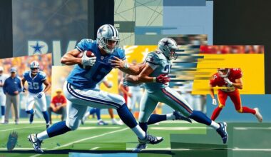 A fragmented, geometric painting depicting the movements and positioning of a Dallas Cowboys defensive back covering a wide receiver, with the players