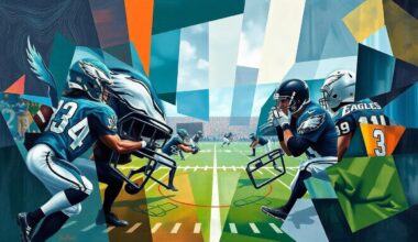 A fragmented, geometric painting depicting a football game or match, with sharp, overlapping planes of color and form representing the dynamic energy and strategic complexity of the sport.