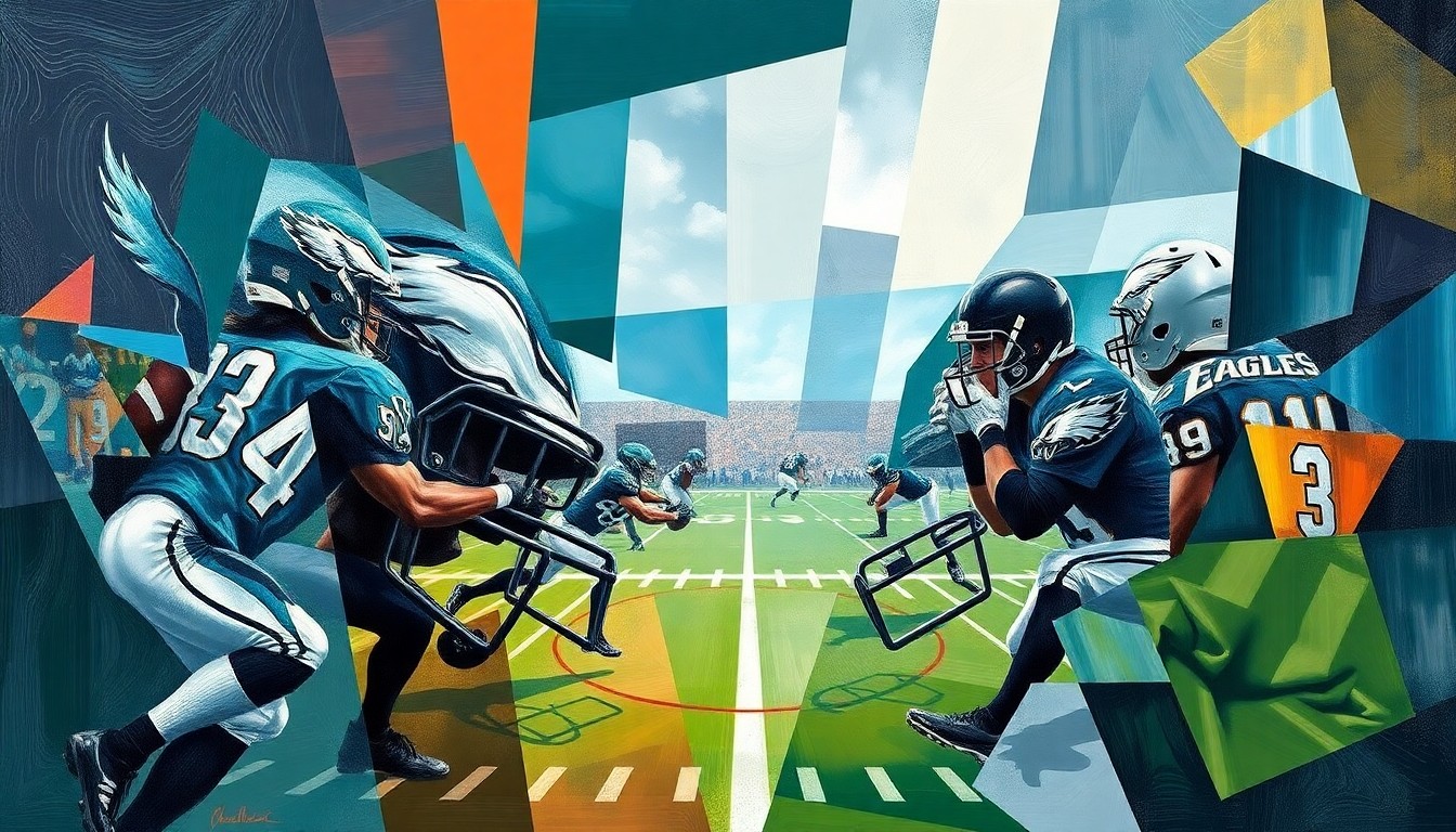 A fragmented, geometric painting depicting a football game or match, with sharp, overlapping planes of color and form representing the dynamic energy and strategic complexity of the sport.