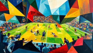 A fragmented, geometric painting depicting a football game or match, with players and the field broken down into sharp, overlapping shapes in a vibrant color palette, conveying the conceptual energy and strategy of the sport.