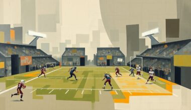 A cubist, geometric painting depicting a fragmented football field, with overlapping planes of muted earth tones and flashes of team colors, representing the intricate dynamics and potential pitfalls of an NFL trade negotiation.