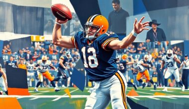 A fragmented, geometric painting depicting a football quarterback in motion, their form broken down into sharp, overlapping planes of navy blue, orange, and white, conveying the high-pressure drama of a late-game, clutch play.