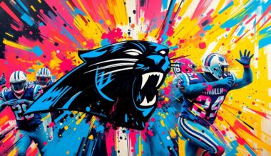 An abstract, expressionist painting in vibrant neon colors, capturing the raw emotion and energy of the Carolina Panthers