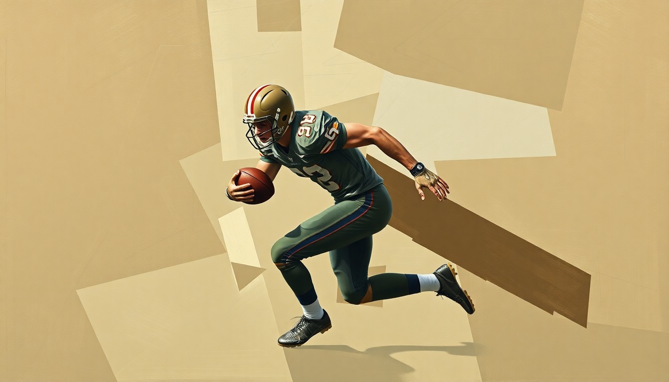 A cubist, geometric painting depicting a football player in motion, their body broken down into sharp, overlapping planes of muted earth tones, capturing the fragility of an athletic career.