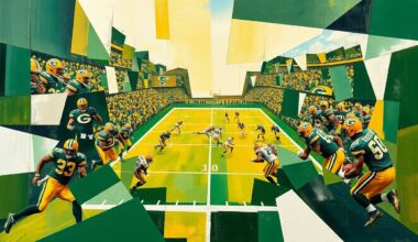 A fractured, geometric painting in shades of green, gold, and white, depicting a Packers football game broken down into sharp, overlapping planes, capturing the team