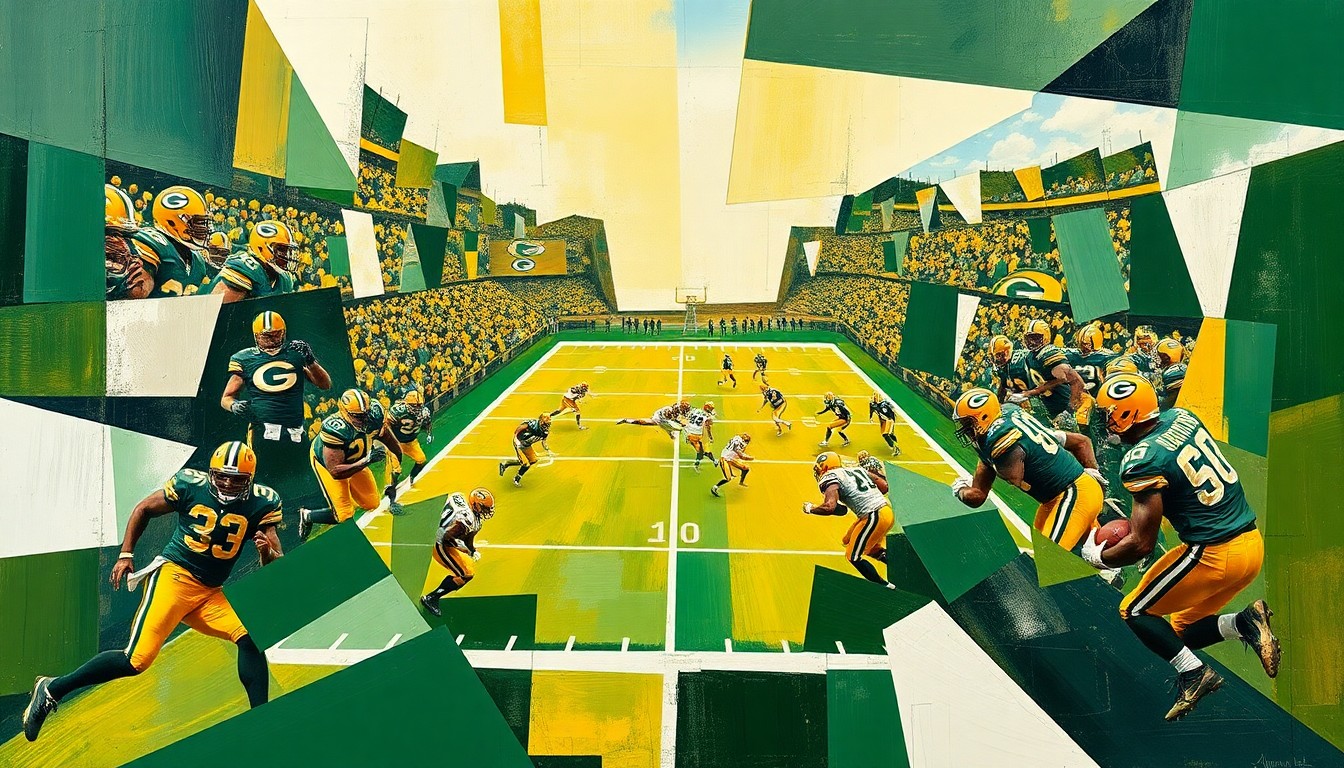 A fractured, geometric painting in shades of green, gold, and white, depicting a Packers football game broken down into sharp, overlapping planes, capturing the team