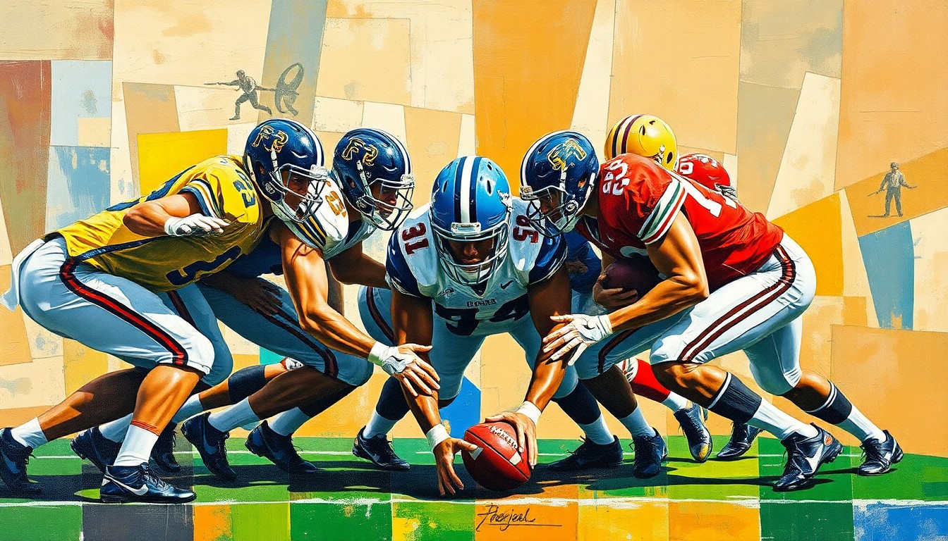 A cubist-style painting featuring fragmented, geometric shapes in shades of blue, gold, and black, representing the various components of a football offensive line in motion.
