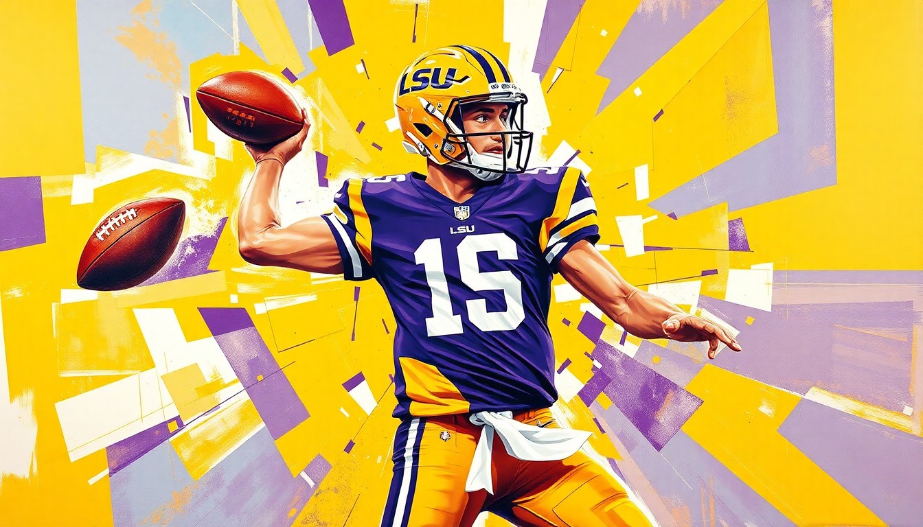 A fractured, geometric painting depicting the throwing motion of a quarterback, with sharp planes of purple and gold breaking down the action into an abstract, multi-perspective view.