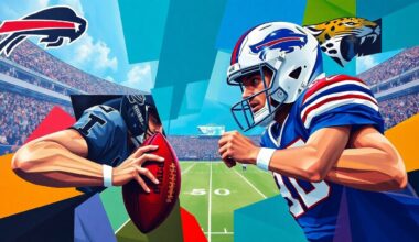 A cubist, geometric painting depicting a football game in motion, with overlapping planes of color representing the players and action on the field.