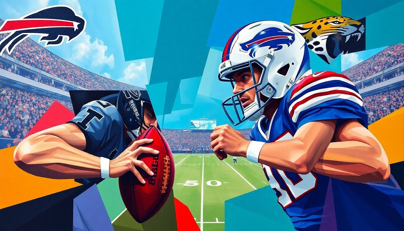 A cubist, geometric painting depicting a football game in motion, with overlapping planes of color representing the players and action on the field.