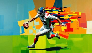 A fragmented, geometric painting depicting a football player in motion, with sharp planes and angles that obscure distinct features, reflecting the ambiguity surrounding this player