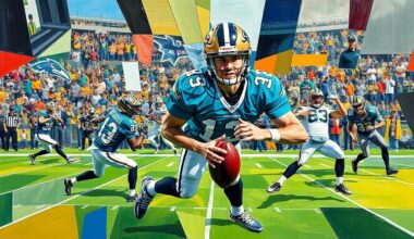 A fractured, geometric painting depicting a football game or match, with the players and field broken down into sharp, overlapping planes of color and shape, capturing the dynamic energy and movement of the sport.