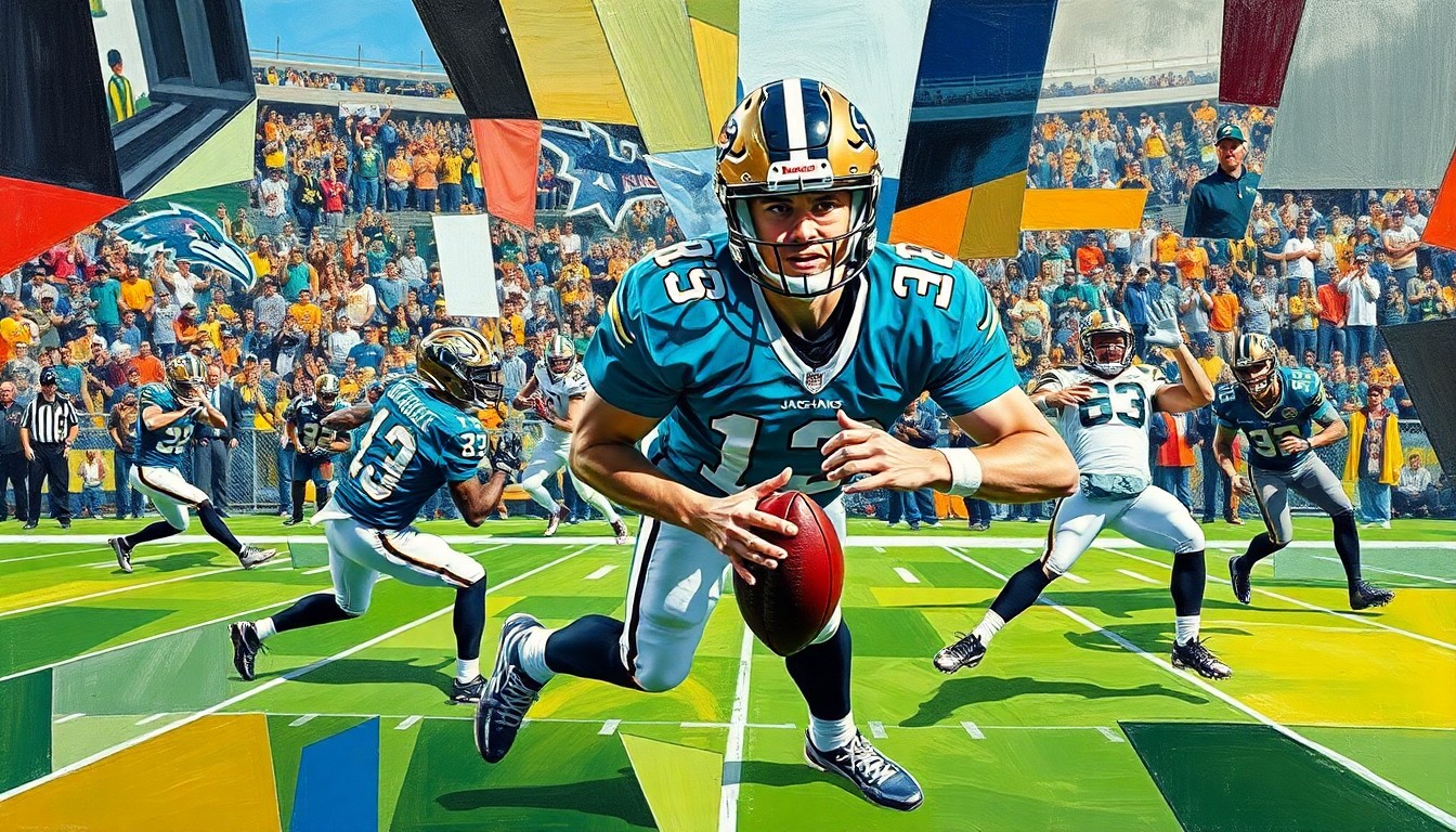 A fractured, geometric painting depicting a football game or match, with the players and field broken down into sharp, overlapping planes of color and shape, capturing the dynamic energy and movement of the sport.