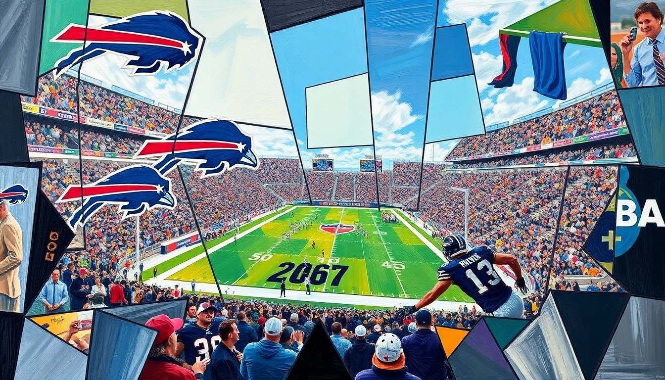 A fragmented, geometric painting depicting a football game, with the players and field broken down into sharp, overlapping shapes and planes, conceptually representing the complex analysis of quarterback skills in the NFL.