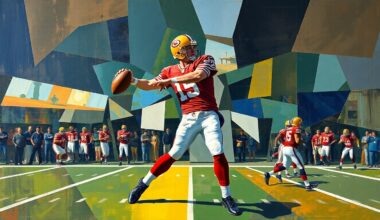 A cubist, geometric illustration depicting a quarterback