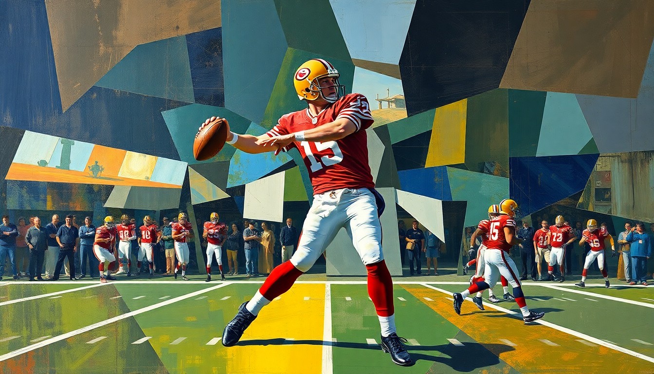 A cubist, geometric illustration depicting a quarterback