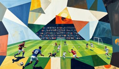 A cubist, geometric painting depicting a football game or match, with the players and field broken down into abstract shapes and planes of color, capturing the fractured, multi-perspective nature of the sport.