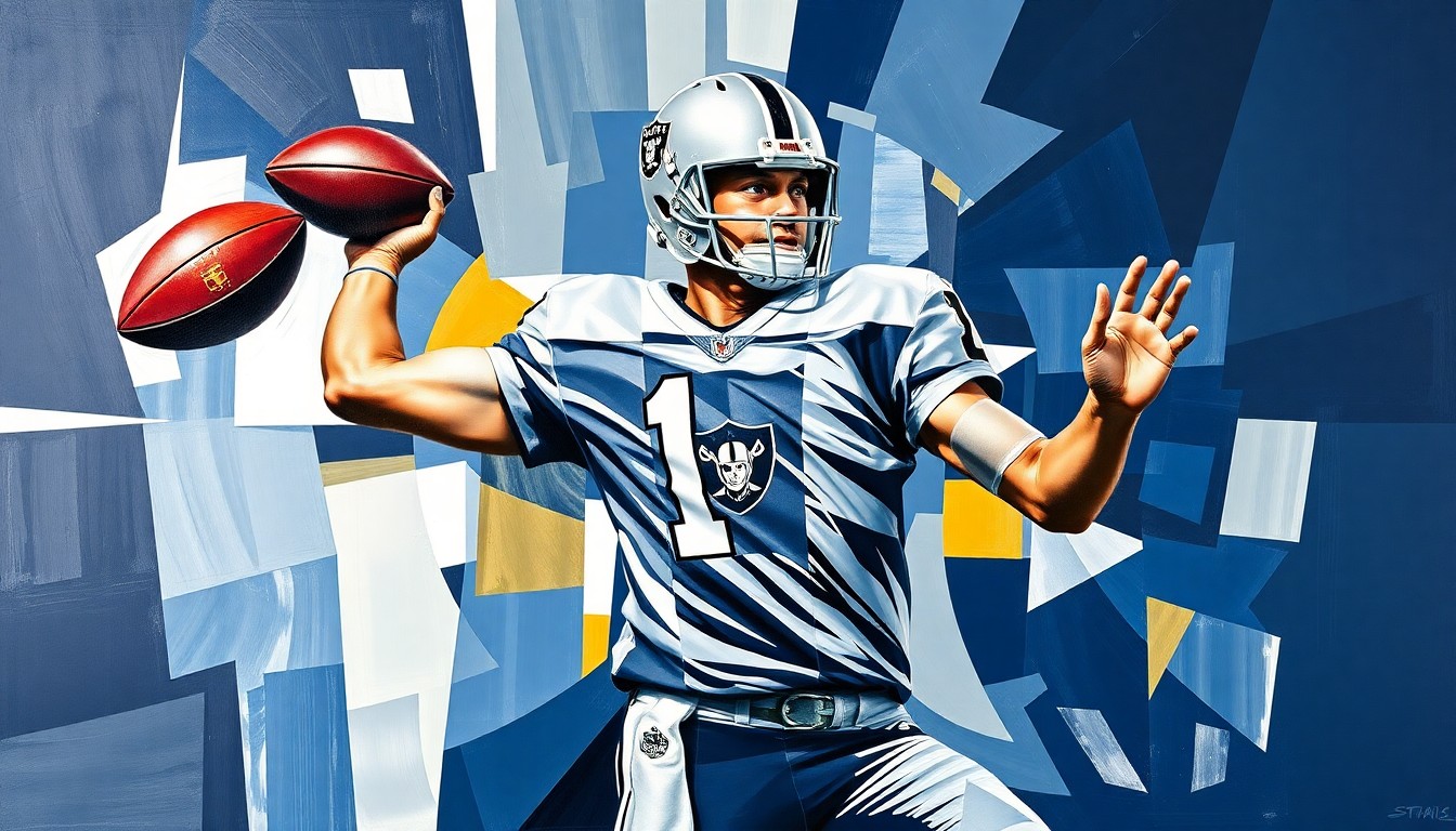 A cubist-style painting depicting a quarterback