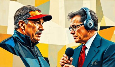 A fragmented, cubist-style painting depicting the blurred figures of a football coach and a sports reporter, broken down into sharp, geometric shapes and planes of color.
