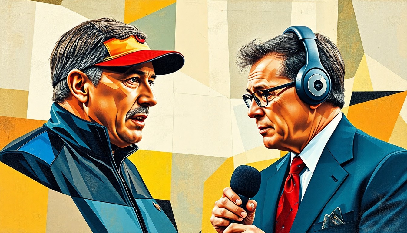 A fragmented, cubist-style painting depicting the blurred figures of a football coach and a sports reporter, broken down into sharp, geometric shapes and planes of color.