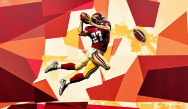 A cubist-style painting depicting a football player in mid-air, their body and the ball broken down into sharp, overlapping geometric shapes in burgundy, gold, and white, conceptually representing the strategic evaluation of Denzel Boston