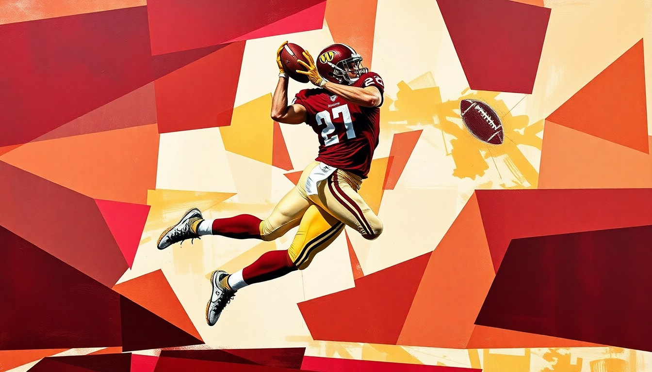 A cubist-style painting depicting a football player in mid-air, their body and the ball broken down into sharp, overlapping geometric shapes in burgundy, gold, and white, conceptually representing the strategic evaluation of Denzel Boston