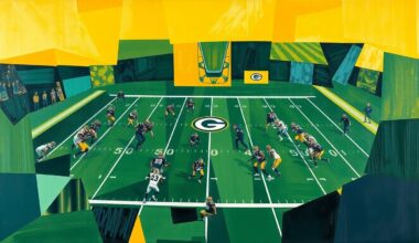 A fractured, multi-perspective painting featuring overlapping geometric shapes and planes in the colors of the Green Bay Packers, conceptually representing the strategic challenges and dynamic energy of a professional football team.
