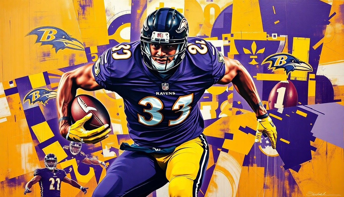 A cubist, geometric painting depicting a football player in mid-motion, with sharp, overlapping planes in the team colors of the Baltimore Ravens.
