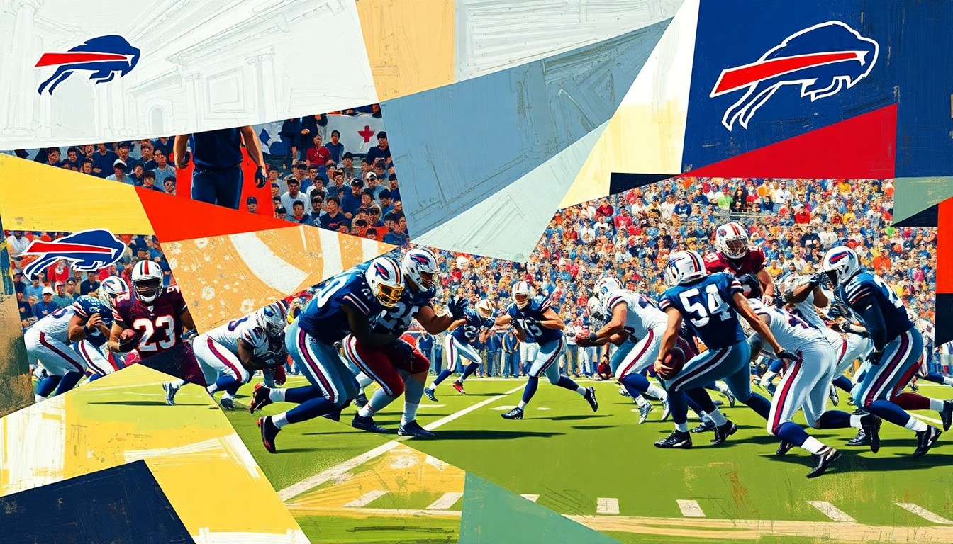 A fragmented, cubist-style painting depicting a Bills football game, with players and the field reduced to sharp, overlapping geometric shapes and planes in a vibrant color palette, capturing the raw energy and motion of the sport.