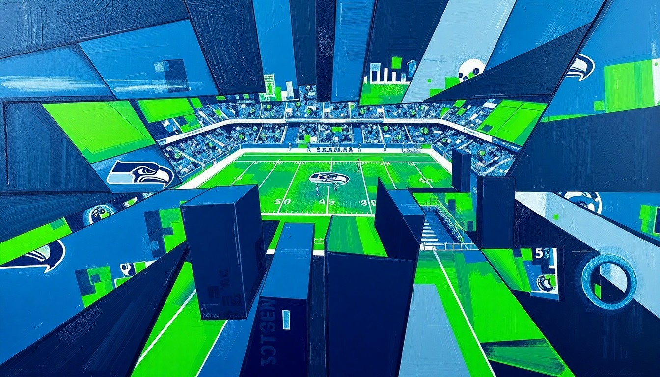A cubist, geometric painting depicting a Seattle Seahawks football game or practice, with sharp, overlapping planes of navy blue, neon green, and silver, capturing the dynamic and multifaceted nature of the team