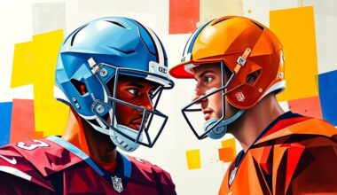 A cubist, geometric painting depicting the overlapping and intersecting roles of two football players, representing the dynamic between Kyler Murray and J.J. McCarthy as they compete for the starting quarterback position on the Vikings.