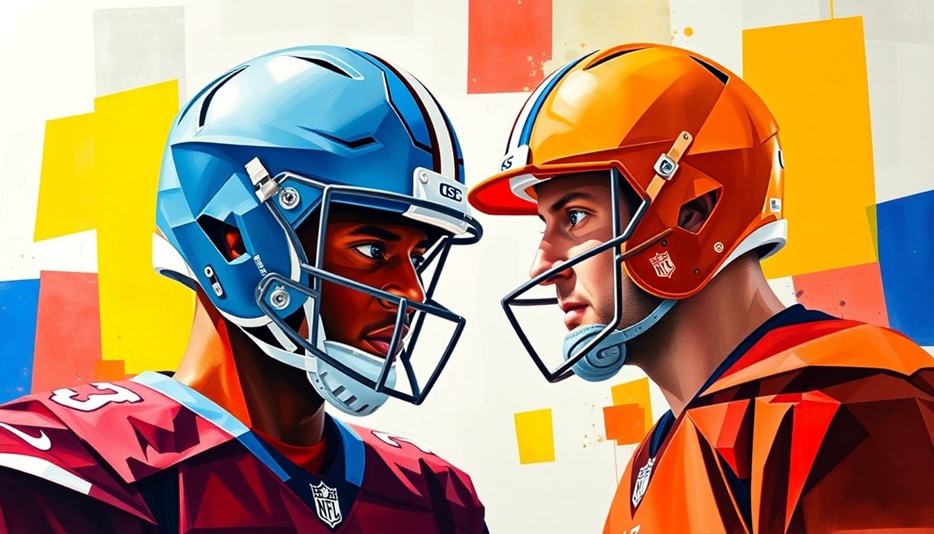 A cubist, geometric painting depicting the overlapping and intersecting roles of two football players, representing the dynamic between Kyler Murray and J.J. McCarthy as they compete for the starting quarterback position on the Vikings.
