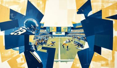 A fragmented, cubist-style painting depicting overlapping geometric shapes and planes in navy blue, gold, and white, conceptually representing the complex interplay of a Saints football game or practice with multiple players and perspectives.