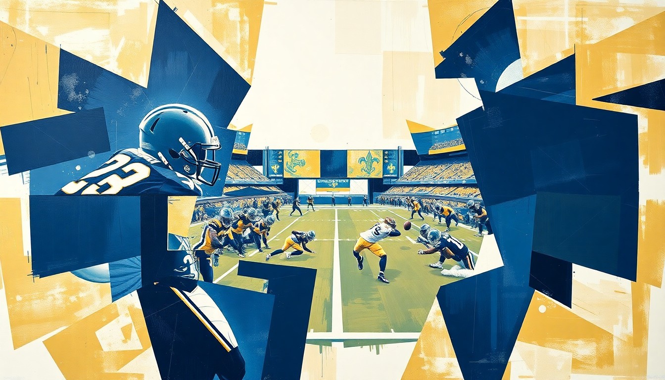 A fragmented, cubist-style painting depicting overlapping geometric shapes and planes in navy blue, gold, and white, conceptually representing the complex interplay of a Saints football game or practice with multiple players and perspectives.