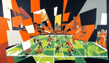 A fractured, cubist-style painting depicting a football game in progress, with sharp, overlapping geometric shapes in the Bengals