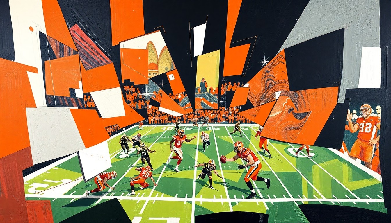 A fractured, cubist-style painting depicting a football game in progress, with sharp, overlapping geometric shapes in the Bengals