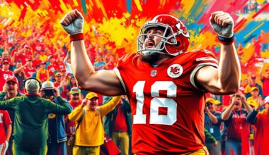 An abstract, energetic painting in neon colors, capturing the raw emotion and movement of a football player passionately addressing a crowd, conveying the spirit of the iconic moment between Travis Kelce and the Chiefs fans.
