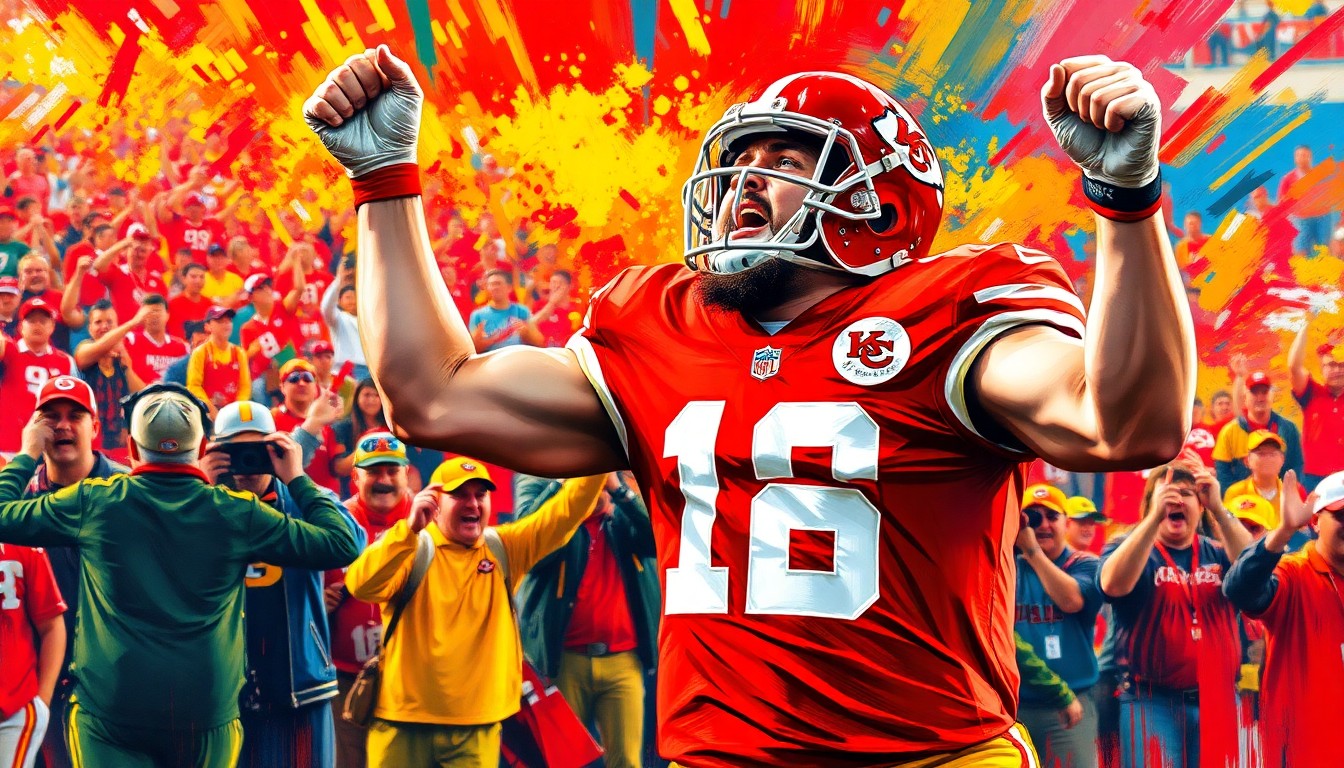 An abstract, energetic painting in neon colors, capturing the raw emotion and movement of a football player passionately addressing a crowd, conveying the spirit of the iconic moment between Travis Kelce and the Chiefs fans.