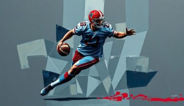 A fractured, cubist-style painting depicting a football player in mid-action, broken down into sharp, overlapping geometric shapes in a muted color palette, conveying the complex and multifaceted nature of high-stakes NFL trades.