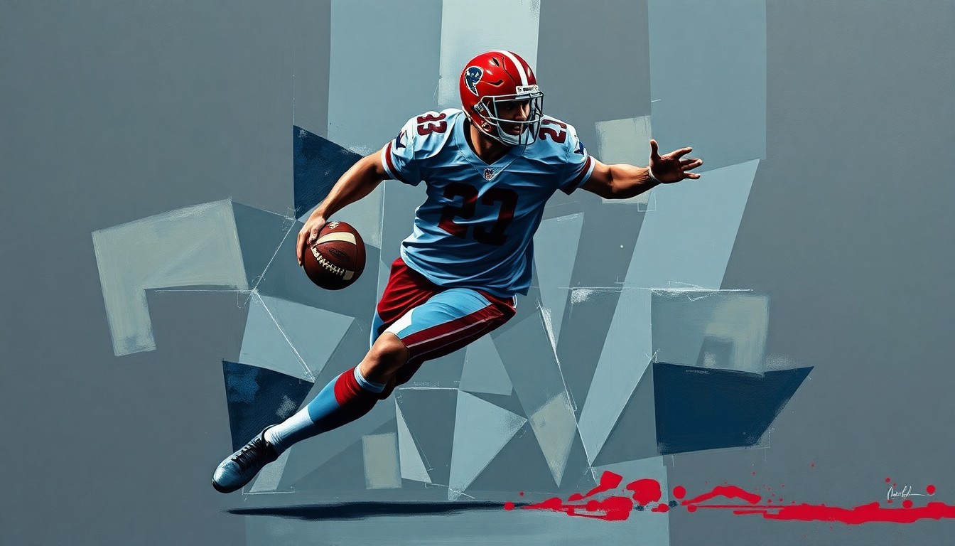 A fractured, cubist-style painting depicting a football player in mid-action, broken down into sharp, overlapping geometric shapes in a muted color palette, conveying the complex and multifaceted nature of high-stakes NFL trades.
