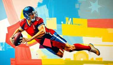 A cubist-style painting depicting a football player in mid-action, with their body broken down into sharp, overlapping geometric shapes in a vibrant color palette of red, blue, and yellow.
