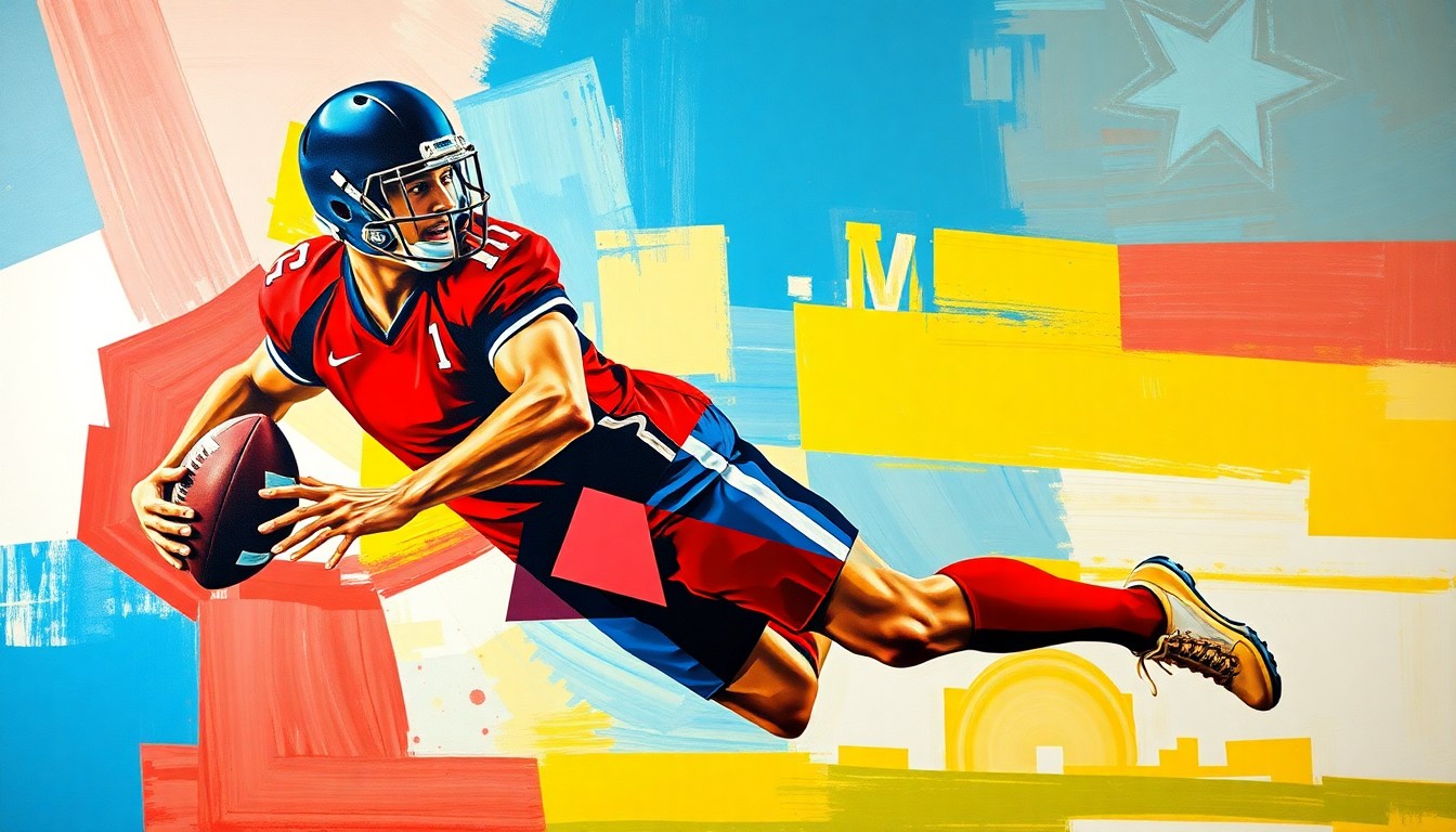 A cubist-style painting depicting a football player in mid-action, with their body broken down into sharp, overlapping geometric shapes in a vibrant color palette of red, blue, and yellow.