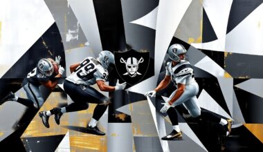 A fragmented, geometric painting depicting a Raiders offensive play, with sharp planes of silver, black, and gold representing the team