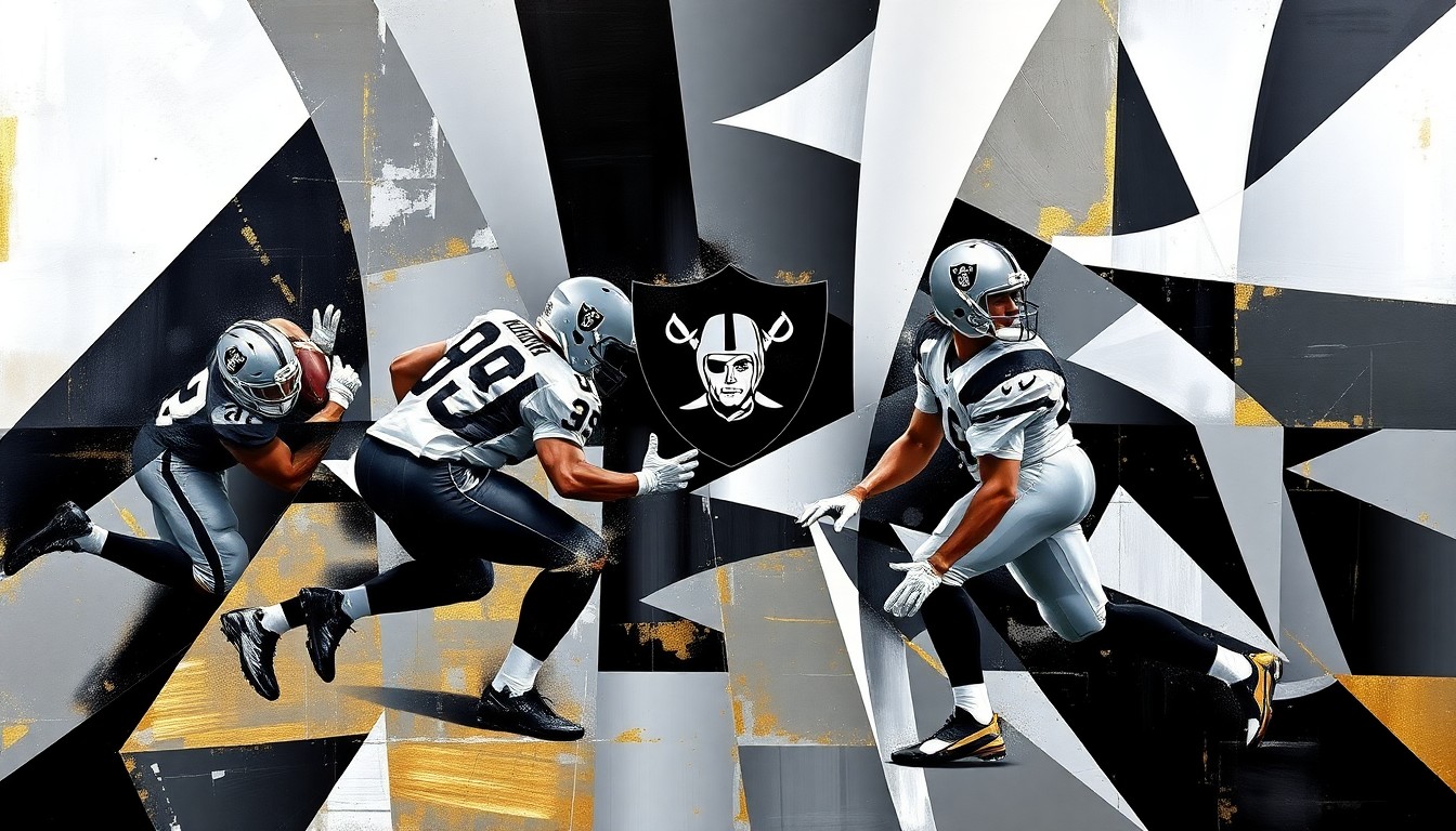 A fragmented, geometric painting depicting a Raiders offensive play, with sharp planes of silver, black, and gold representing the team