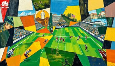 A cubist, geometric painting depicting a football game broken down into overlapping, angular shapes and planes, capturing the diverse skills and potential of the prospects showcased at the Chiefs