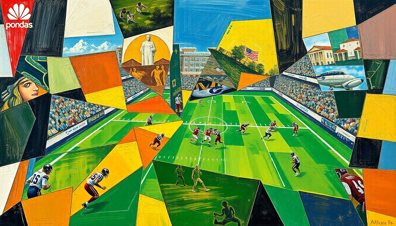 A cubist, geometric painting depicting a football game broken down into overlapping, angular shapes and planes, capturing the diverse skills and potential of the prospects showcased at the Chiefs